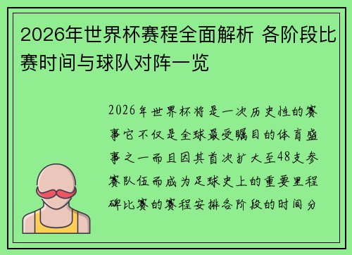 2026年世界杯赛程全面解析 各阶段比赛时间与球队对阵一览