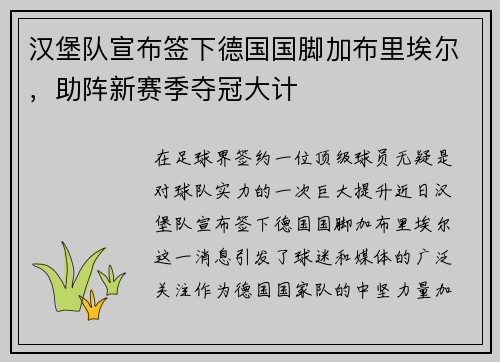 汉堡队宣布签下德国国脚加布里埃尔，助阵新赛季夺冠大计